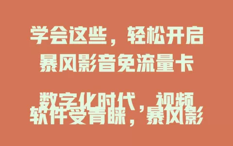 学会这些，轻松开启暴风影音免流量卡

数字化时代，视频软件受青睐，暴风影音受欢迎。想免流看视频？了解流量卡政策，关注暴风活动，留意官方消息，咨询客服，多管齐下探索开通法，畅享视频还省流费！