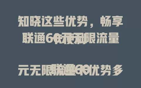 知晓这些优势，畅享联通60元无限流量卡便利

联通60元无限流量卡优势多，流量无限不怕超支，性价比高仅60元，网络覆盖广且稳定。使用便利，分享生活、工作处理事务无忧。还有小贴士，合理用卡享优质体验，值得考虑！