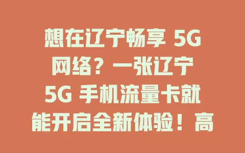 想在辽宁畅享 5G 网络？一张辽宁 5G 手机流量卡就能开启全新体验！高速稳定，大容量套餐，还能畅享智慧城市便利，你准备好迎接这场网络变革了吗？