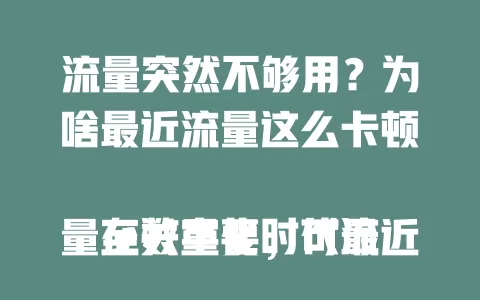 流量突然不够用？为啥最近流量这么卡顿

在数字化时代流量至关重要，可最近不少人遇流量卡顿。设备性能差、网络环境糟、应用有问题、套餐有限制，这些都可能导致流量卡顿，了解原因就能针对性解决，让网络更顺畅。