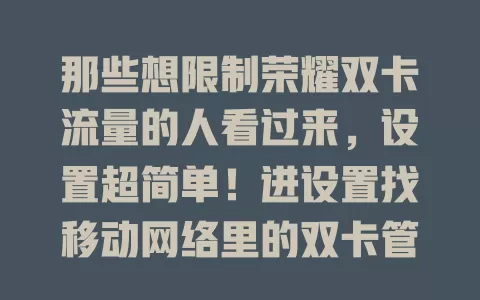 那些想限制荣耀双卡流量的人看过来，设置超简单！进设置找移动网络里的双卡管理，就能给每张卡设流量额度，避免超额，让流量使用更合理可控，畅享便捷移动生活