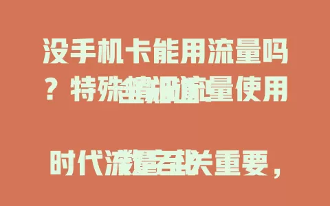 没手机卡能用流量吗？特殊情况流量使用全知道！

数字化时代流量至关重要，手机卡丢失等情况咋办？没卡用流量可行但有限制。公共场所Wi-Fi、部分设备可独立用流量，无Wi-Fi且设备不支持插卡较难，得依情况选方式规划流量。