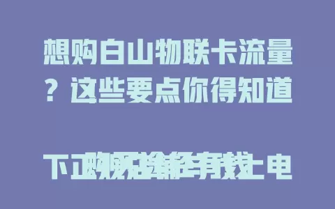 想购白山物联卡流量？这些要点你得知道！

购买途径有线下正规店铺与线上电商平台，买前认清自身需求，关注套餐性价比，购后妥善保存信息，谨慎操作选合适套餐，畅享便捷网络生活。