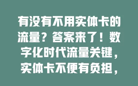 有没有不用实体卡的流量？答案来了！数字化时代流量关键，实体卡不便有负担，虚拟流量登场，便捷灵活费用低，视频、云服务可用，用前选正规商，了解规则，轻松享便捷互联网生活