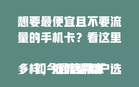 想要最便宜且不要流量的手机卡？看这里！

如今通信需求多样，低流量用户选卡很重要。市场上有多种卡，基础套餐含少量或无流量，通话实惠。小众卡特定区域通话优惠，流量限制少。选卡要考虑信号、通话质量和费用等，仔细比较能找到适合的便宜卡。