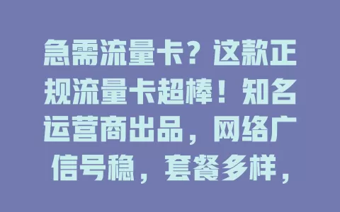 急需流量卡？这款正规流量卡超棒！知名运营商出品，网络广信号稳，套餐多样，费用透明，客服贴心，满足你的流量需求，给数字生活添便利