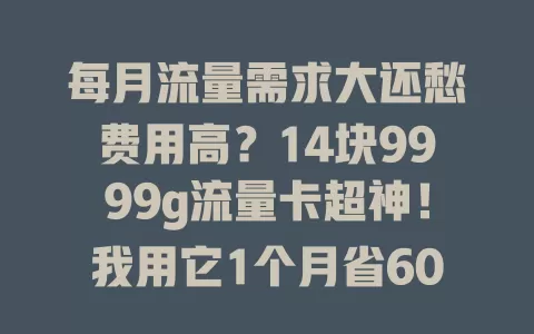 每月流量需求大还愁费用高？14块9999g流量卡超神！我用它1个月省600话费，速度稳信号好，快试试！