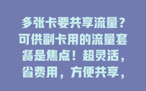 多张卡要共享流量？可供副卡用的流量套餐是焦点！超灵活，省费用，方便共享，还能按需调额度。选时留意内容、范围，多比较，满足流量需求，畅享网络便利