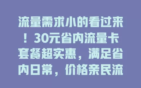 流量需求小的看过来！30元省内流量卡套餐超实惠，满足省内日常，价格亲民流程简，放心选！