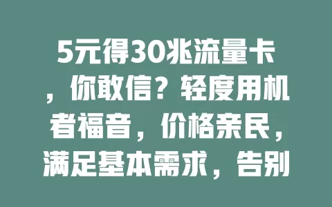 5元得30兆流量卡，你敢信？轻度用机者福音，价格亲民，满足基本需求，告别流量费用烦恼