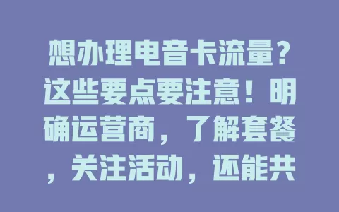 想办理电音卡流量？这些要点要注意！明确运营商，了解套餐，关注活动，还能共享流量，多因素综合考量，轻松办适合流量