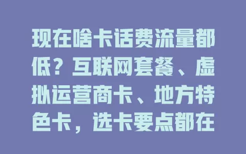 现在啥卡话费流量都低？互联网套餐、虚拟运营商卡、地方特色卡，选卡要点都在这儿！