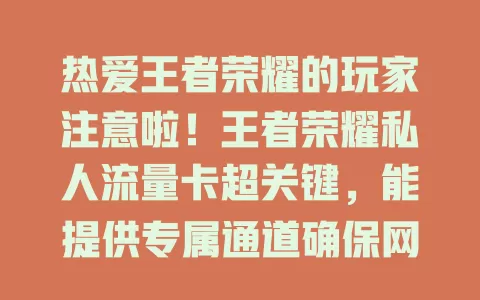 热爱王者荣耀的玩家注意啦！王者荣耀私人流量卡超关键，能提供专属通道确保网络稳定，减少延迟卡顿，适配游戏需求，让你在王者峡谷畅玩无忧！