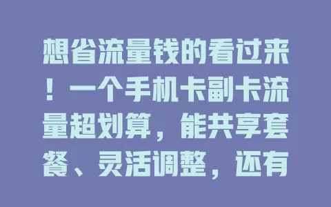 想省流量钱的看过来！一个手机卡副卡流量超划算，能共享套餐、灵活调整，还有优惠活动