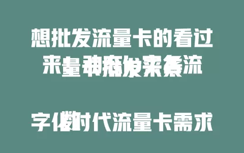 想批发流量卡的看过来！动态ip实名流量卡批发来袭

数字化时代流量卡需求大增，动态ip实名流量卡批发受热捧。它能提供灵活IP，提升网络营销等工作效率，实名制加强安全规范。批发优势多，价格优还能满足大量流量需求，选时要谨慎。