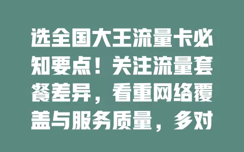 选全国大王流量卡必知要点！关注流量套餐差异，看重网络覆盖与服务质量，多对比选出适合自己的好卡，畅享上网体验