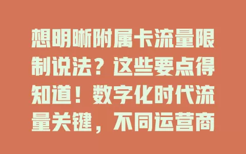 想明晰附属卡流量限制说法？这些要点得知道！数字化时代流量关键，不同运营商规定各异，用户用附属卡要清楚限制，查看协议或咨询客服，了解后使用更随心，畅享数字生活。