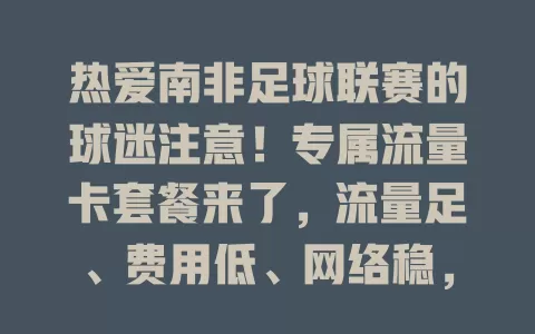 热爱南非足球联赛的球迷注意！专属流量卡套餐来了，流量足、费用低、网络稳，还能畅快交流，带你领略联赛魅力