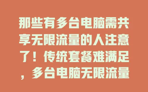 那些有多台电脑需共享无限流量的人注意了！传统套餐难满足，多台电脑无限流量卡是福音，能免流量超支，多设备操作轻松应对，确保流畅运行，提升效率，畅享精彩，解决流量困扰