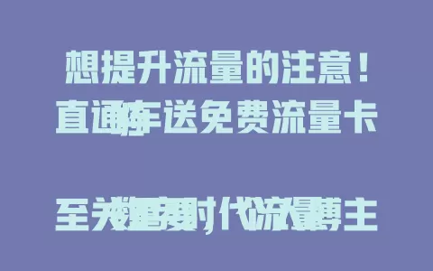 想提升流量的注意！直通车送免费流量卡啦

数字时代流量至关重要，个人博主与电商商家都需。直通车送卡是福利，能精准推送。个人吸粉、电商提销，用好规则策略，抓住机会让流量飞！