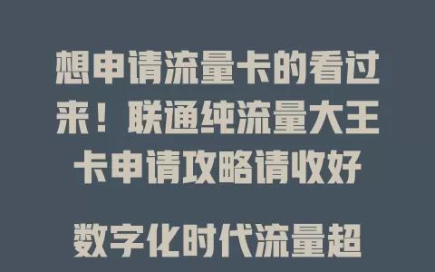 想申请流量卡的看过来！联通纯流量大王卡申请攻略请收好

数字化时代流量超重要，联通纯流量大王卡优势明显，海量流量满足多样需求，网络又快又稳。想申请？先了解条件备好资料，填对信息，它是流量需求明智之选，助你畅游数字世界。