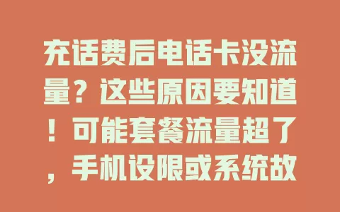 充话费后电话卡没流量？这些原因要知道！可能套餐流量超了，手机设限或系统故障，了解原因轻松解决此难题