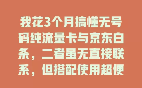 我花3个月搞懂无号码纯流量卡与京东白条，二者虽无直接联系，但搭配使用超便捷，能带来丰富消费体验，快来试试！