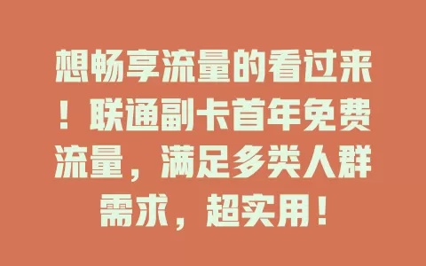 想畅享流量的看过来！联通副卡首年免费流量，满足多类人群需求，超实用！