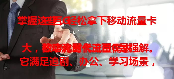 掌握这些，轻松拿下移动流量卡三百G

数字化时代流量需求大，移动流量卡三百G是强解。它满足追剧、办公、学习场景，流量使用便捷无复杂套餐，费用优势明显，以大容量、便捷、低价成流量需求理想之选。