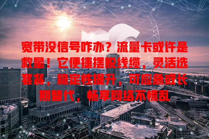 宽带没信号咋办？流量卡或许是救星！它便捷摆脱线缆，灵活选套餐，稳定性提升，可应急或长期替代，畅享网络不慌乱