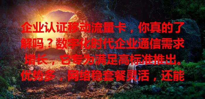 企业认证移动流量卡，你真的了解吗？数字化时代企业通信需求增长，它专为满足高标准推出。优势多，网络稳套餐灵活，还能提升企业形象与员工效率。选时要谨慎，结合需求做明智决策。