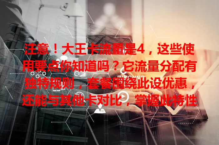 注意！大王卡流量是4，这些使用要点你知道吗？它流量分配有独特规则，套餐围绕此设优惠，还能与其他卡对比，掌握此特性，避免流量困扰，畅享合适服务。