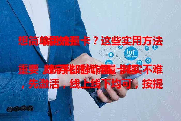 想简单用流量卡？这些实用方法请收好

数字化时代流量卡超重要，新手却愁咋用。其实不难，先激活，线上线下均可，按提示操作就行。激活后合理选套餐，手机设置优化，定期查流量，保管好卡，故障找客服，轻松用好流量卡。