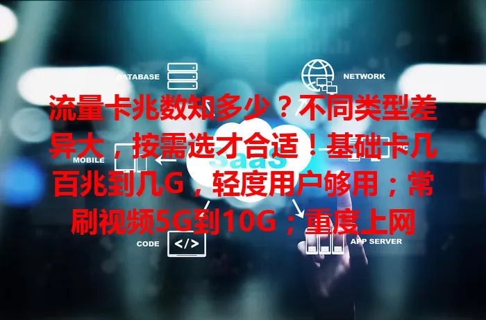 流量卡兆数知多少？不同类型差异大，按需选才合适！基础卡几百兆到几G，轻度用户够用；常刷视频5G到10G；重度上网可选几十G甚至上百G，依习惯选，才能挑到最适合的流量卡