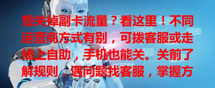 想关掉副卡流量？看这里！不同运营商方式有别，可拨客服或走线上自助，手机也能关。关前了解规则，遇问题找客服，掌握方法轻松随心关副卡流量
