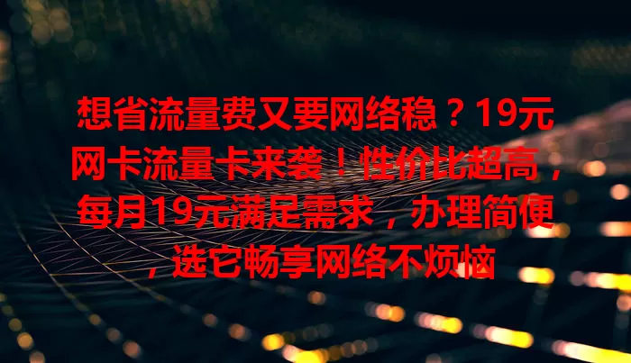 想省流量费又要网络稳？19元网卡流量卡来袭！性价比超高，每月19元满足需求，办理简便，选它畅享网络不烦恼
