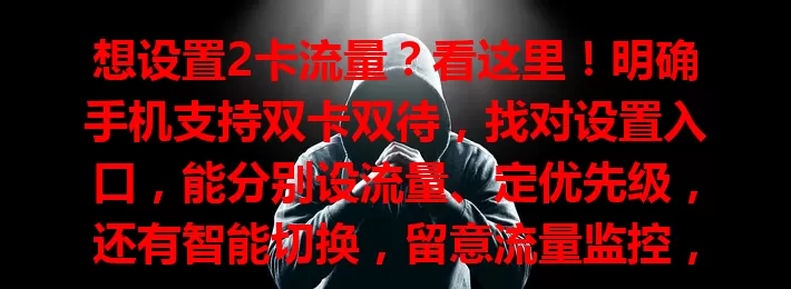 想设置2卡流量？看这里！明确手机支持双卡双待，找对设置入口，能分别设流量、定优先级，还有智能切换，留意流量监控，不同系统版本有影响，掌握方法畅享便捷网络