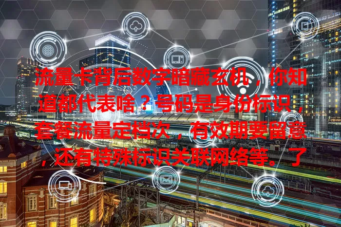 流量卡背后数字暗藏玄机，你知道都代表啥？号码是身份标识，套餐流量定档次，有效期要留意，还有特殊标识关联网络等。了解数字，掌控网络，避免困扰，让上网更顺畅